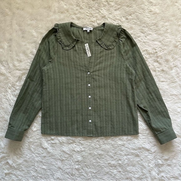 Madewell Top Ruffle-Collar Button-Up Shirt in Syril Plaid Faded Palm 0 NWT New - Picture 4 of 12